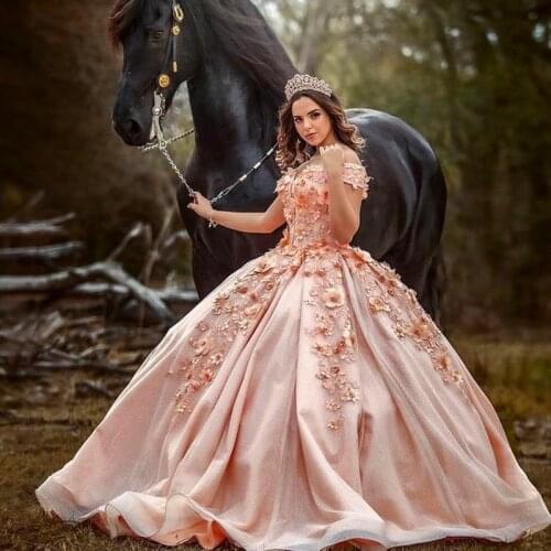 Off The Shoulder Quinceanera Dresses 2021 Appliques 3D Flowers Beads Sweet 16 Party Ball Gowns Pageant Princess Lace-Up Back