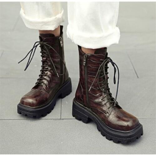 PXELENA Vintage Chunky Heels Platform Boots Women PU Leather Lace Up Military Combat Army Motorcycle Ankle Boots Winter Shoes 43