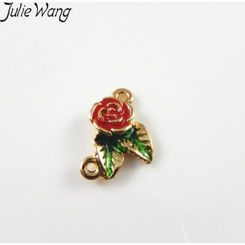 Julie Wang 12pcs Red Mini Rose Shape Colorful Enamel Alloy Two Holes Charms Handmade Trending Women Jewelry Hair Clip Findings
