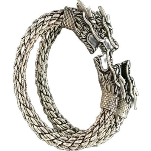 China Tibetan silver Carved Double headed Dragon Silver Bracelet a pair