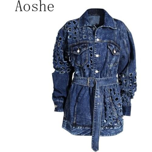 Cool Cutout Long Sleeve Ripped Womens Jacket 2020 New Lapel Fashion Waistband High Waist High Street Female Jeans Jacket