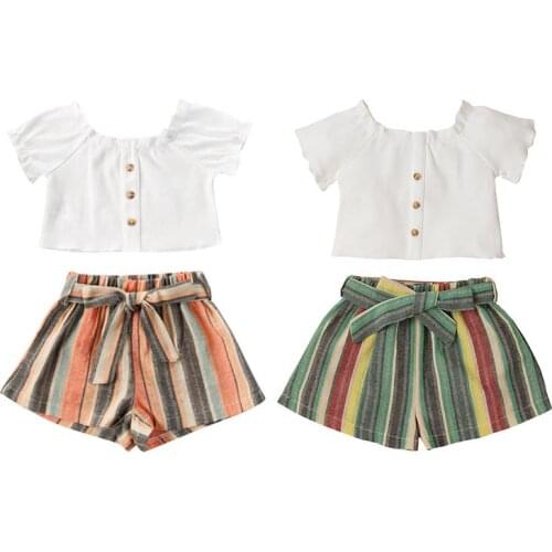 1-6Y Summer Kids Baby Girls Clothes Sets Short Sleeve Single Breasted T Shirts Tops Striped Print Shorts
