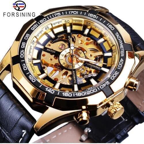 Forsining Brand Watch Men Skeleton Automatic Mechanical Watches Golden Skeleton Leather Wristwatch Top Brand Luxury Montre Homme