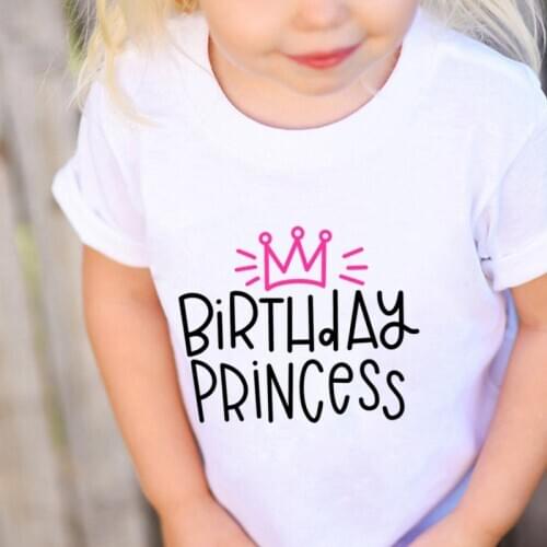 Birthday Princess and Crown T Shirt for Girls 1-12Years Girl Birthday Party Clothes White Short Sleeve Tops Kids Clothes