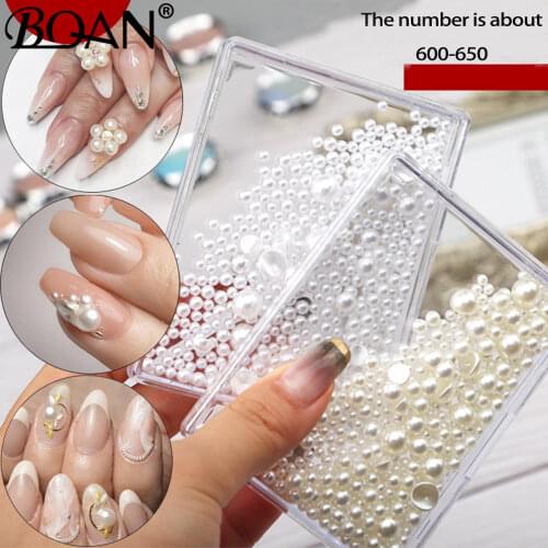 BQAN Half Round Pearls 600pcs Flatback Imitation Loose White Glue On Resin Beads DIY Jewelry Making Nails Art Crafts Decorations