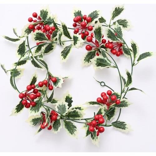 Christmas Decoration Vines Artificial Plants Red Berry Rattan Silk Green Leaves Fake Vine Wreath Home Living Room Table Decor