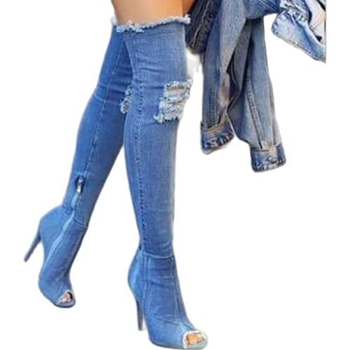 Shoes For 2021 Women Autumn Winter Modern Jeans Design Over-knee Boots Fish Mouth Stiletto High Heels Lady Plus Size 43