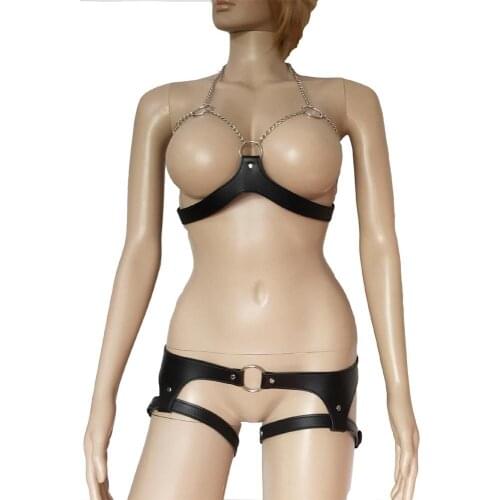Sexy Faux Leather and Metal Chained Body Harness Bra Top and Jock Strap Thong Bikini Set Fetish Cosplay Costume