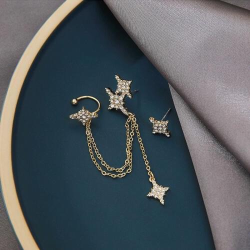 Korean version of the temperament asymmetrical hexagon star earrings personality super fairy long tassel ear bone clip earrings