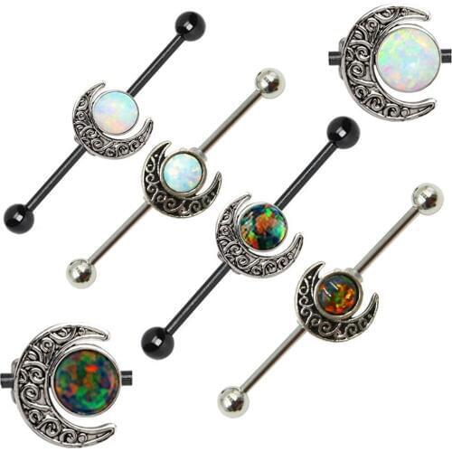 Showlove-Opal Moon Helix Earring Industrial Barbell Ear Piercing Plug Jewelry with 34mm&36mm&38mmBarbells