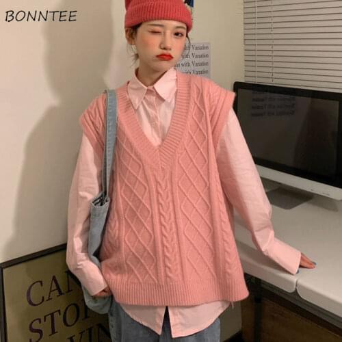 Sweater Vest Women Pure Sleeveless Jumper Knitted V-neck Simple Loose Autumn Chic Ulzzang Outerwear Female Teenagers Warm Newly