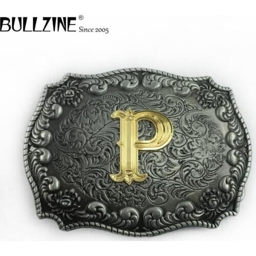 The Bullzine letter P belt buckle with pewter and gold finish FP-03687-P suitable for 4cm width belt