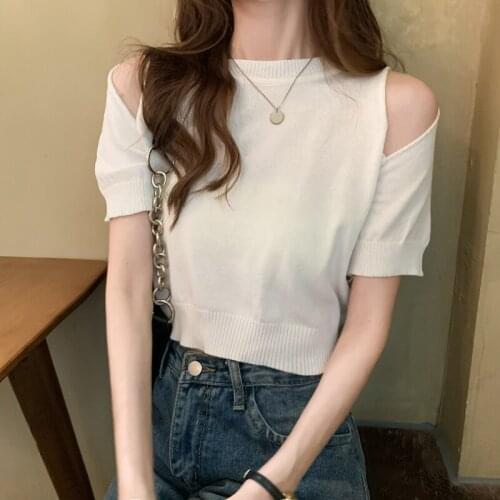 Casual Tops for Women Summer 2021 Korean Style Hollow Out Off Shoulder Short Sleeve T-Shirt Black White Knitwear T598