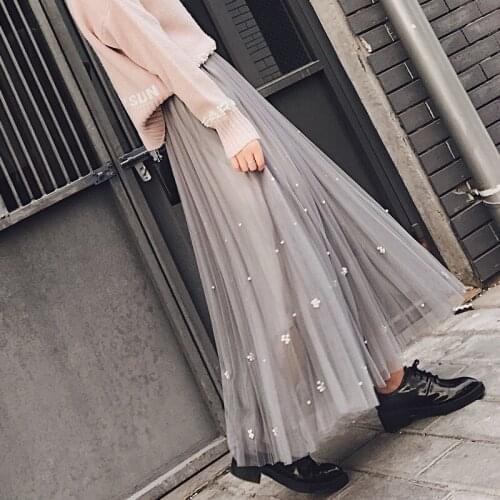 Sherhure 2020 Summer Bohemian High Waist Preal Beading Women Tulle Skirts Pleated Long Skirt Faldas Saia