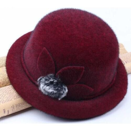 Ladies Sunscreen Caps Autumn Winter Felt Solid Color Vintage Plush Ball Flowers Petal Decorative Temperament Accessories Hat