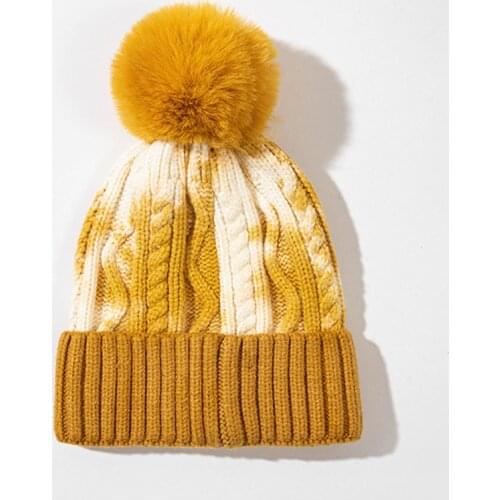 Knitted Hats Women Tie Dye Hairball Yellow Black Coffee Winter Hats Casual Tab Keep Warm Outdoor Windproof Hat Gorras Para Mujer