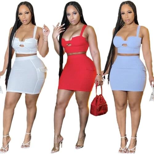 Women Sexy Bodycon 2 Piece Dress Set Spaghetti Strap Crop Top Summer Mini Skirts Suits Fashion Solid Outfits Matching Set