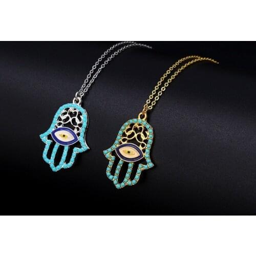 VSnow Temperament Enamel Multicolor Rhinestone Demon Eye Pendant Necklace for Women Palm Hollow Gold Metal Necklace Jewellery