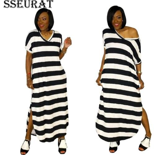 SSEURAT Women Midi Dress Striped Short Sleeve V-neck Loose Straight Knee Length Dresses Casual Fashion Streetwear Outfit Summer