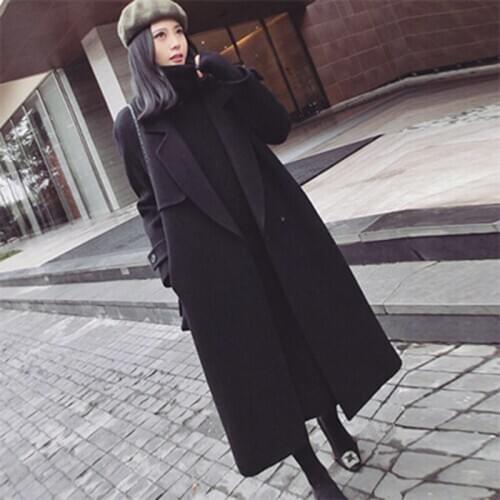 High Quality Black Woolen Coat Female Long Slim Wool Coat Korean New Autumn Winter Hepburn Wind Cashmere Suit Collar Woolen Coat
