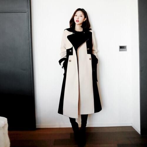 2019 Autumn&Winter Women Korean British Style Long Woolen Coat with Belt Fashion Spliced Slim Warm Trench Coat Outwear Overcoat