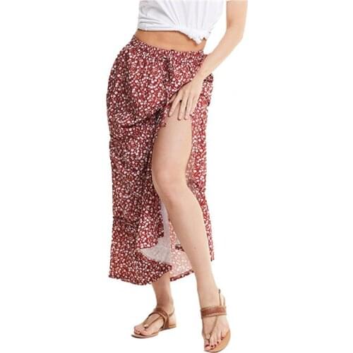 2021 Summer Women Skirt Vintage Floral Ruffle Long Skirts Women Elegant Split A-Line Skirts Lady Elastic Waist Skirts for Party