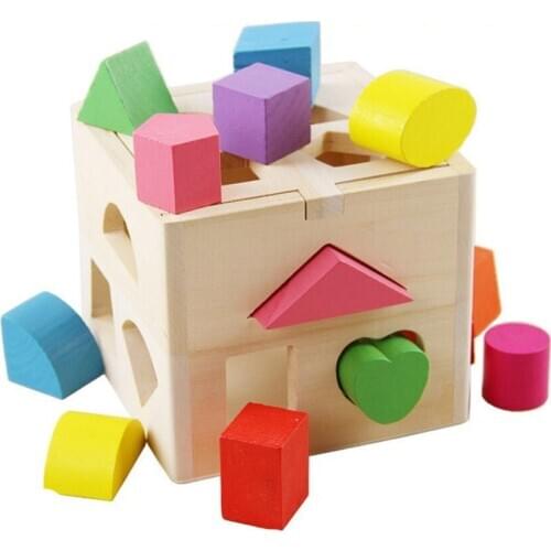 Wooden 13 Hole Intelligence Box Geometric Shape Cognitive Matching Building Blocks Wood 3D Puzzles Learning Toys for Children