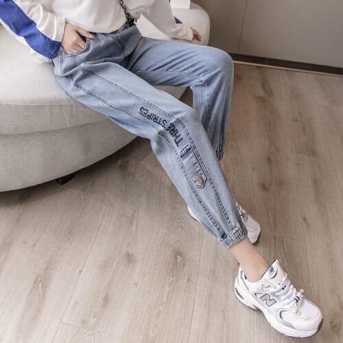 Elastic Waist Jeans Female Korean Style High Waist Harlan Nine-point Daddy Feet Pants Mom Jeans