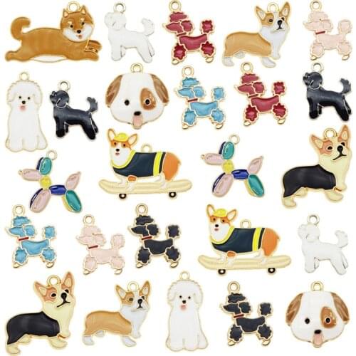 Julie Wang 13PCS Enamel Dog Charms Mixed Corgi Poodle Teddy Shiba Alloy Animal Pendants Jewelry Making Necklace Accessory