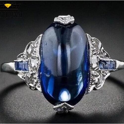 European Female Oval Blue Stone Wedding Rings For Women 925 Silver Crystal Engagement Sri Lanka Sapphire silver 925 ring mens