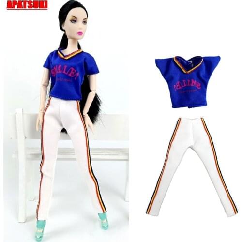 Blue SMILE Letter T-Shirts White Long Pants Set Clothes for Barbie Outfits Gym Sports Yoga Clothes for 1/6 BJD Doll Accessories