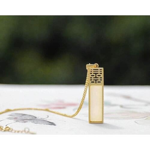 Natural Hetian Jade White Jade S925 Sterling Silver Pendant Xi Character Rectangular Vintage Silver Jewelry Jade Gilding Craft N