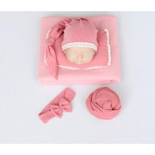 Pink Sleep Hat Set Newborn Stretch Knit Wrap Headband Blanket and Posing Pillow Outfit Photography Props Jersey Backdrop Blanket