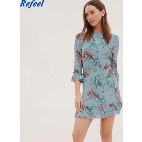 Summer Fashion Dress O-neck High Waist Ruffles Short Sleeves Floral Print back zipper Sling Mini Dress