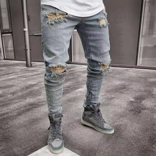 Men Jeans Stylish Ripped Jeans Pants Biker Skinny Slim Straight Frayed Denim Trousers New Fashion Skinny Jeans Men Clothes