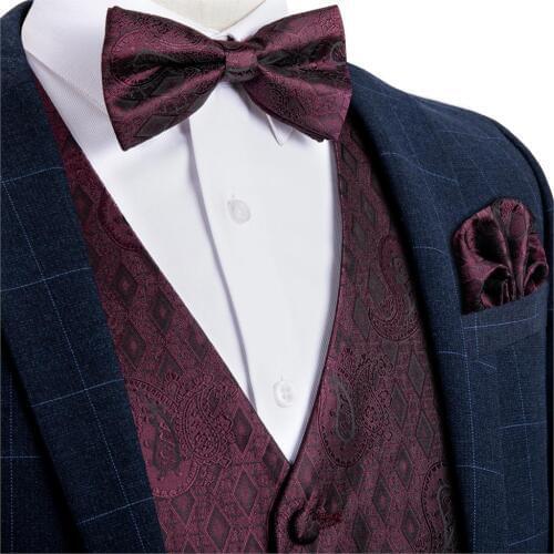 Mens Red Wine Paisley Fashion Wedding Men Silk Waistcoat Vest Bowties Hanky Cufflink Cravat Set for Suit Tuxedo DiBanGu MJ-115