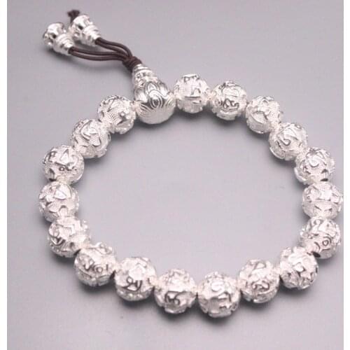 Real 999 Silver Bracelet For Women Man Lucky Sutra Mancrame Heart Word Individuality 10mm White Lotus Beads Bracelet