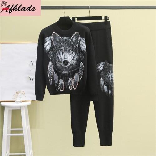 Autumn And Winter New Style Women Two-Piece Sets Printed Pants + Beaded Knitted Sweater Tops Fashion Womens Two-Piece Sets
