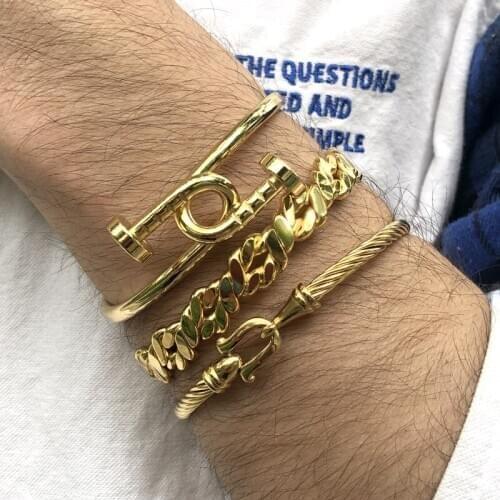 Punk Wrist Jewelry Set Knot Bracelet & Bangle for Men Women Bijoux Simple Charms Cuff Gold Bangles Stainless Steel Pulseras