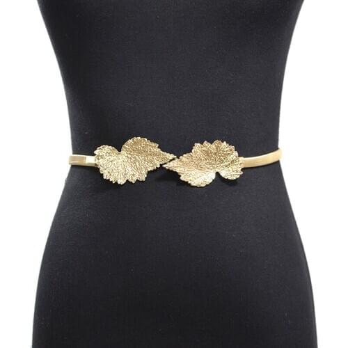 Leaves Buckle Gold Belts for Women Metal Thin Belt for Dress Elastic Female Waist Blet Waistband