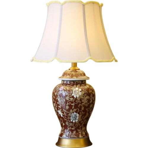 Luxurious European Large Ceramic Table Lamp Foyer Entrance Red Flowers Hand Painted Porcelain Palace Desk Light D47