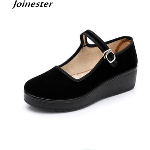 Ladies Pure Color Flock Mary Jane Pumps Spring Women Round Toe Cotton Fabric Wedge Pumps Female Casual Ankle Strap Dance Shoes