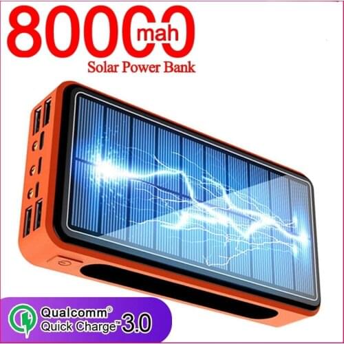 80000mAh Solar Power Bank for Xiaomi IPhone Battery Panel with Camping Light 4USB External Battery Powerbank Fast Charger