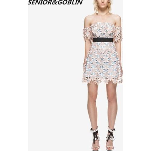 2019 New Self Portrait summer Dress Women Off Shoulder Water Soluble Lace Flower Short Sleeve Slash Neck Sexy Mini Party Dresses