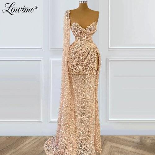 Lowime Pink Sequins One Shoulder Long Evening Dresses 2021 Couture Mermaid Party Gowns Beads Dubai Prom Dress Robe De Soiree
