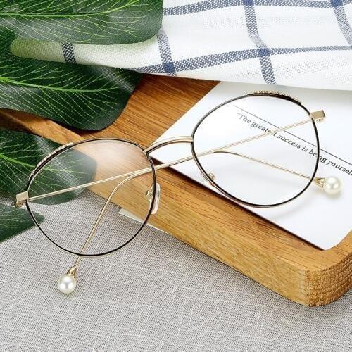 2020 Women Optical Metal Art Feather Eyeglasses Frame Retro Plain Mirror Myopia Men Computer Eyewear Glasses Pearl