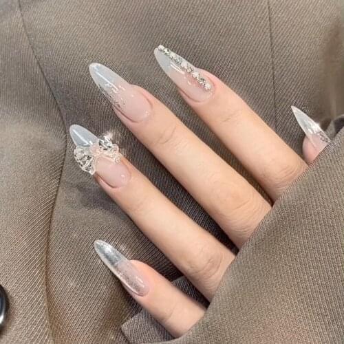 24pcs Rhinestone Inlaid Nail Patch Glue Type Removable Long Paragraph Fashion Manicure Save Time False Nail Patch SK88