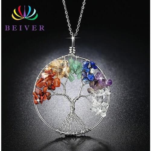 Beiver 100% Hand Make Rainbow Life Tree Necklace for Women Silver Color Party Jewelry Ladies Gifts Dropshipping LN0219BJ-C
