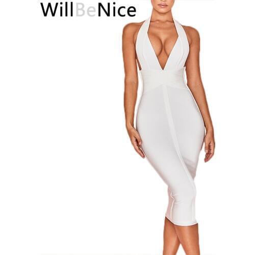 WillBeNice White Pink Bandage Dresses 2019 Deep v Neck Sexy Bodycon Dress Party Women Halter Backless Bandage Dress Rayon China
