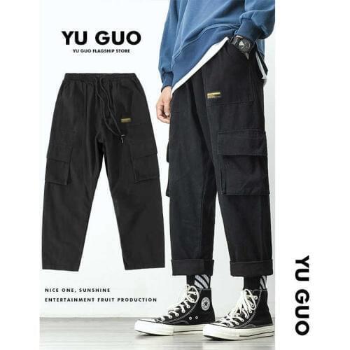 Mens Cargo Pants Students Male Loose Straight Drawstring Korean Fashion 2020 New Casual Trousers Man Sports Pants Wide Leg Pant